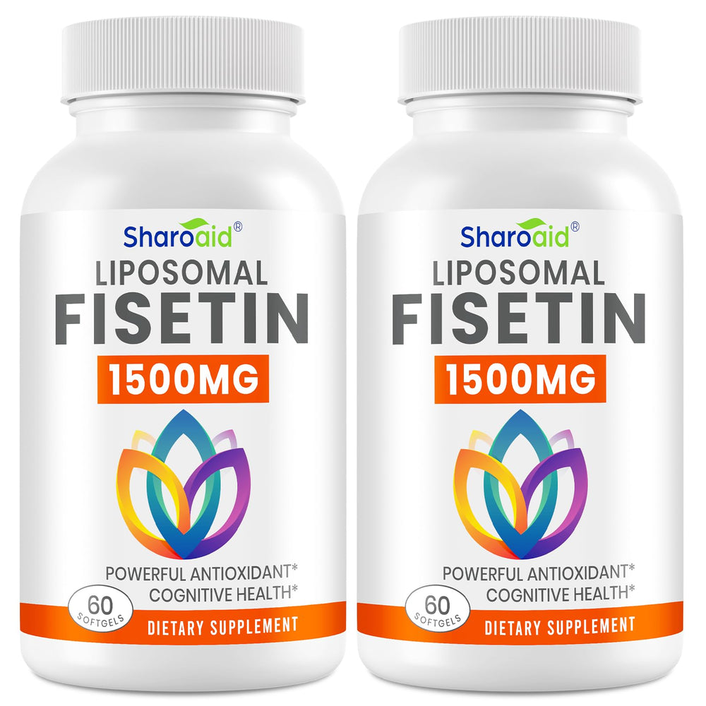 Sharoaid liposomal fisetin bottle front shows premium formulation for enhanced absorption.