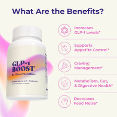 Shed Nutrition GLP-1 Boost bottle back detailing simple pre-meal dosing.