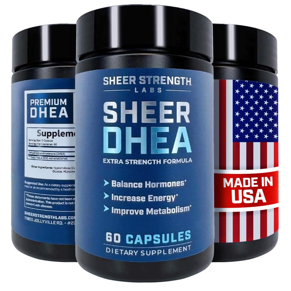 Sheer Strength DHEA 100mg bottle showing premium energy and hormone balance potential.