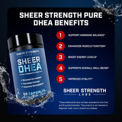 Sheer Strength DHEA 100mg label closeup with transparent ingredients and dosage details.