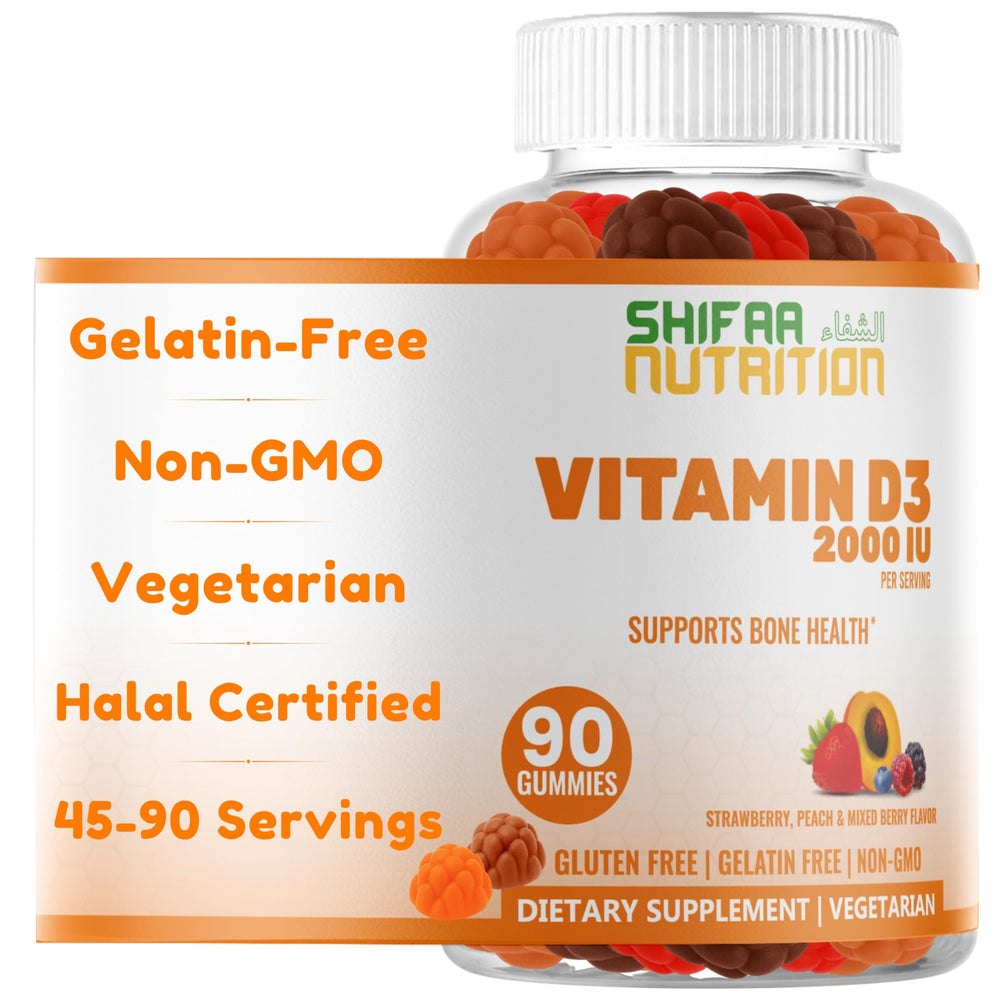 SHIFAA NUTRITION Vitamin D3 gummies with fruit flavor support bone health for families.