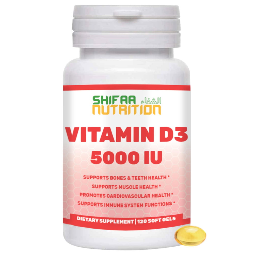 SHIFAA NUTRITION Vitamin D3 softgels bottle front for daily immune and bone support