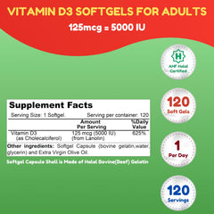 SHIFAA NUTRITION Vitamin D3 softgels bottle label shows halal and gluten-free features