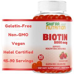SHIFAA NUTRITION vegan biotin gummies bottle front promotes healthier hair and nails