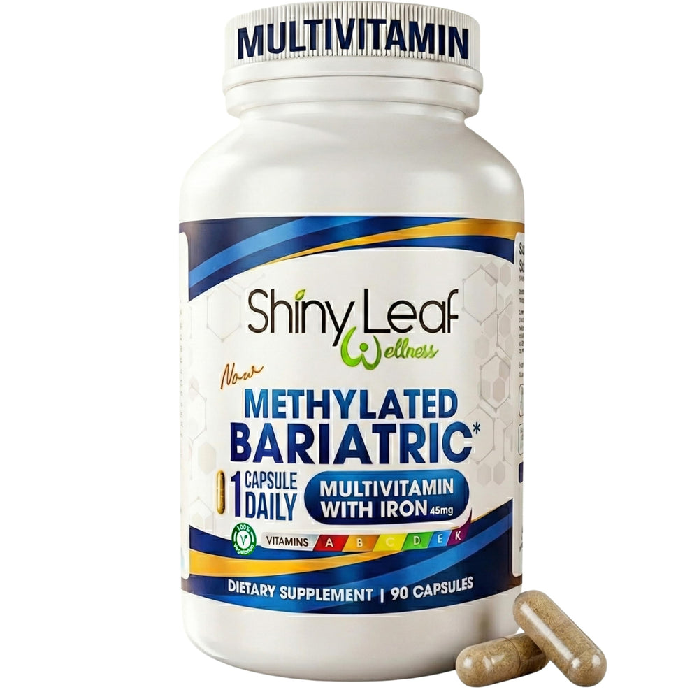 Shiny Leaf methylated bariatric multivitamin bottle, 90-count, for daily use.