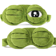 Shinywear sleep eye mask with sad frog design, front view for block-out comfort