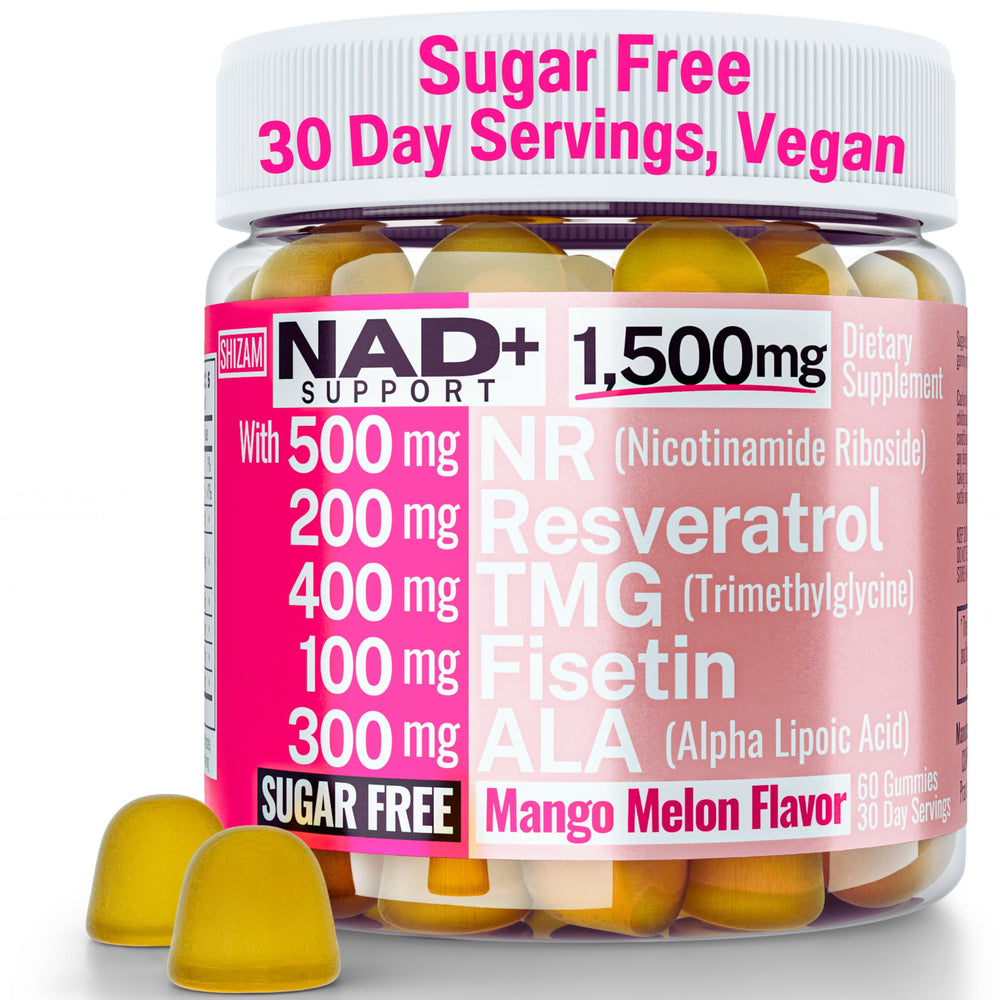 SHIZAM NAD+ Gummies bottle with sugar-free mango-melon formula for daily energy support