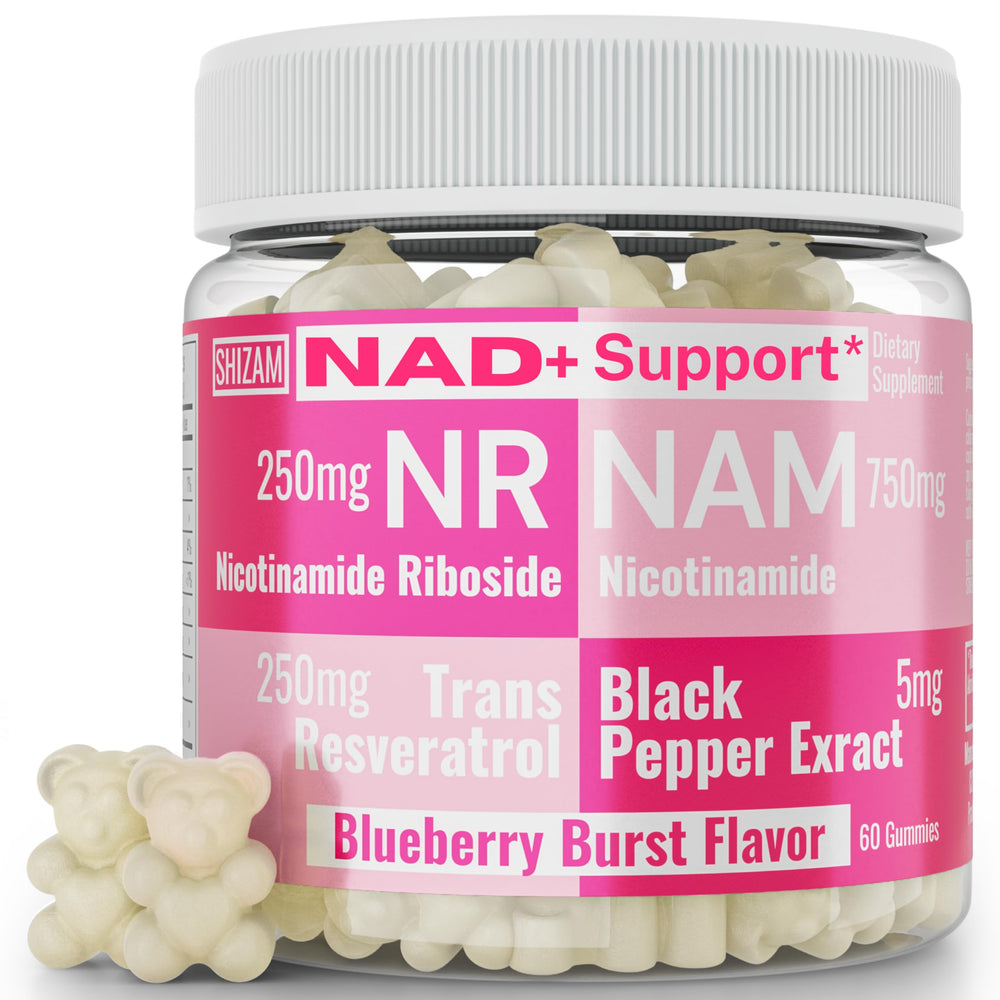 SHIZAM NR NAM Resveratrol gummies in blue packaging for daily support.