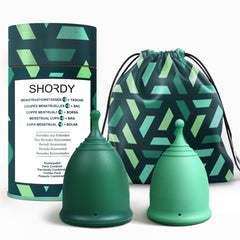 SHORDY reusable menstrual cups set front view shows both sizes for versatile wear