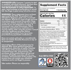 Shrumfuzed nootropic gummy serving setup illustrating easy daily use with a glass and bottle