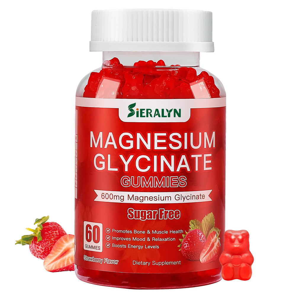 Sieralyn magnesium gummies bottle highlighting vegan, gluten-free daily support.