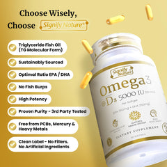 SIGNIFY NATURE Omega-3 bottle with D3 seal emphasizes vitamin boost