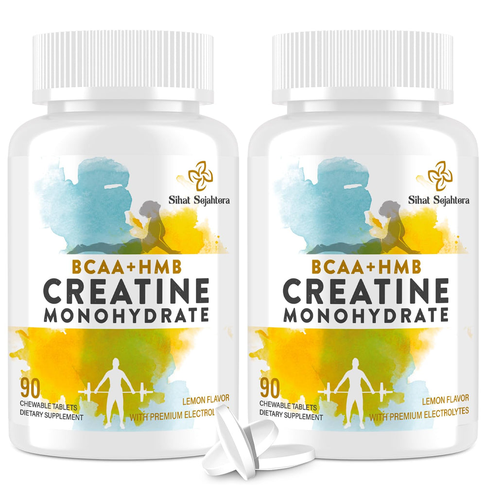 Sihat Sejahtera bottle close-up, 8-in-1 creatine chew for on-the-go workouts.