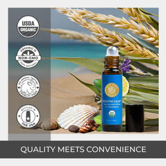 Silk Road Organic Breathe Calm label close-up highlights nine essential oils.
