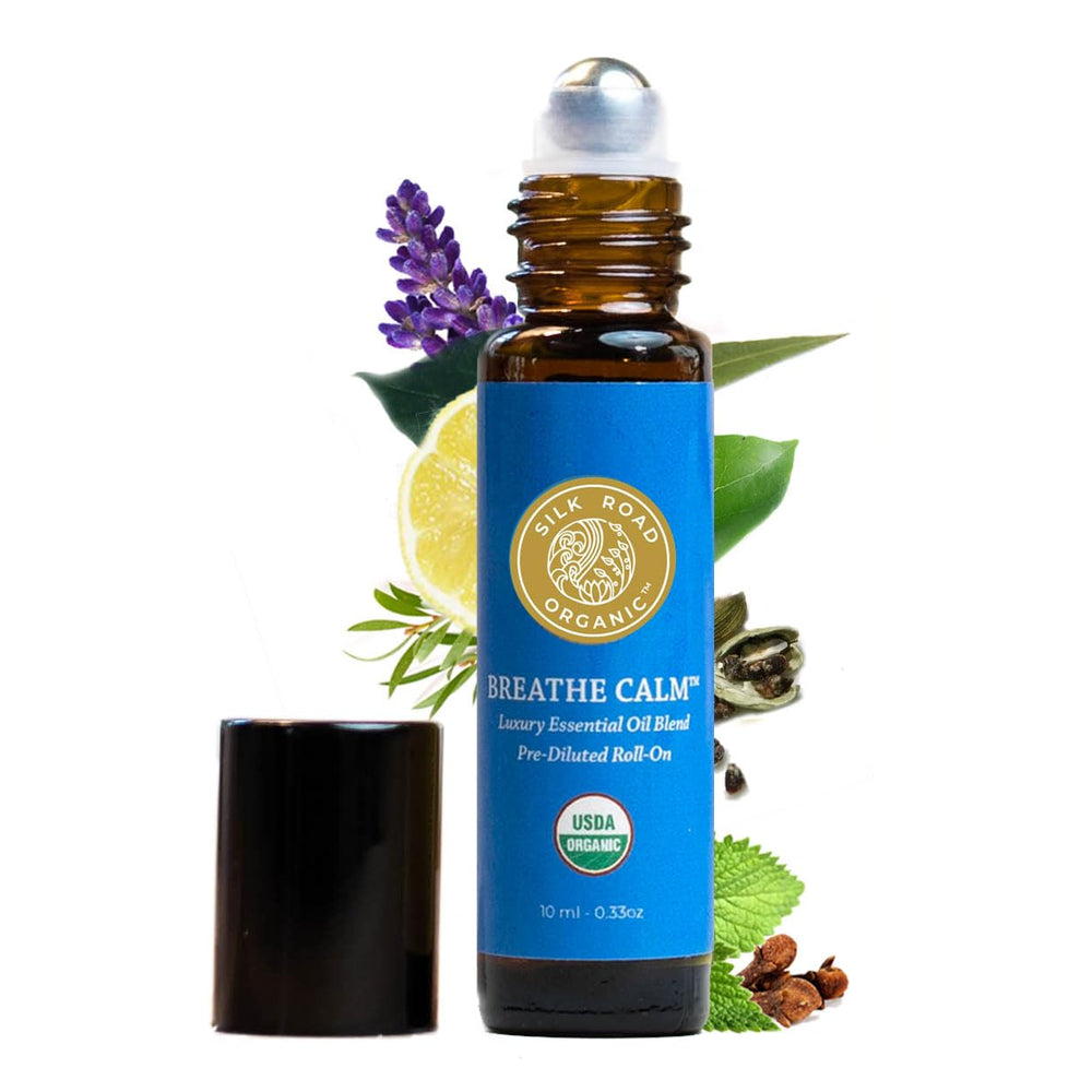 Silk Road Organic Breathe Calm roll-on bottle for on-the-go aromatherapy and relief.