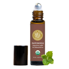 Silk Road Organic Patchouli Roll-On bottle for mood uplift and skin nourishment.