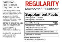 Silver Fern Regularity bottle-label close-up highlighting Mucosave FG and SunFiber.