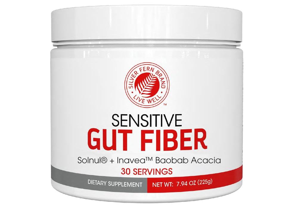 Silver Fern Sensitive Gut Fiber bottle promotes daily digestive support