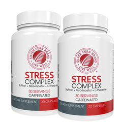 Silver Fern Stress Complex bottle on a clean desk suggesting daily balance