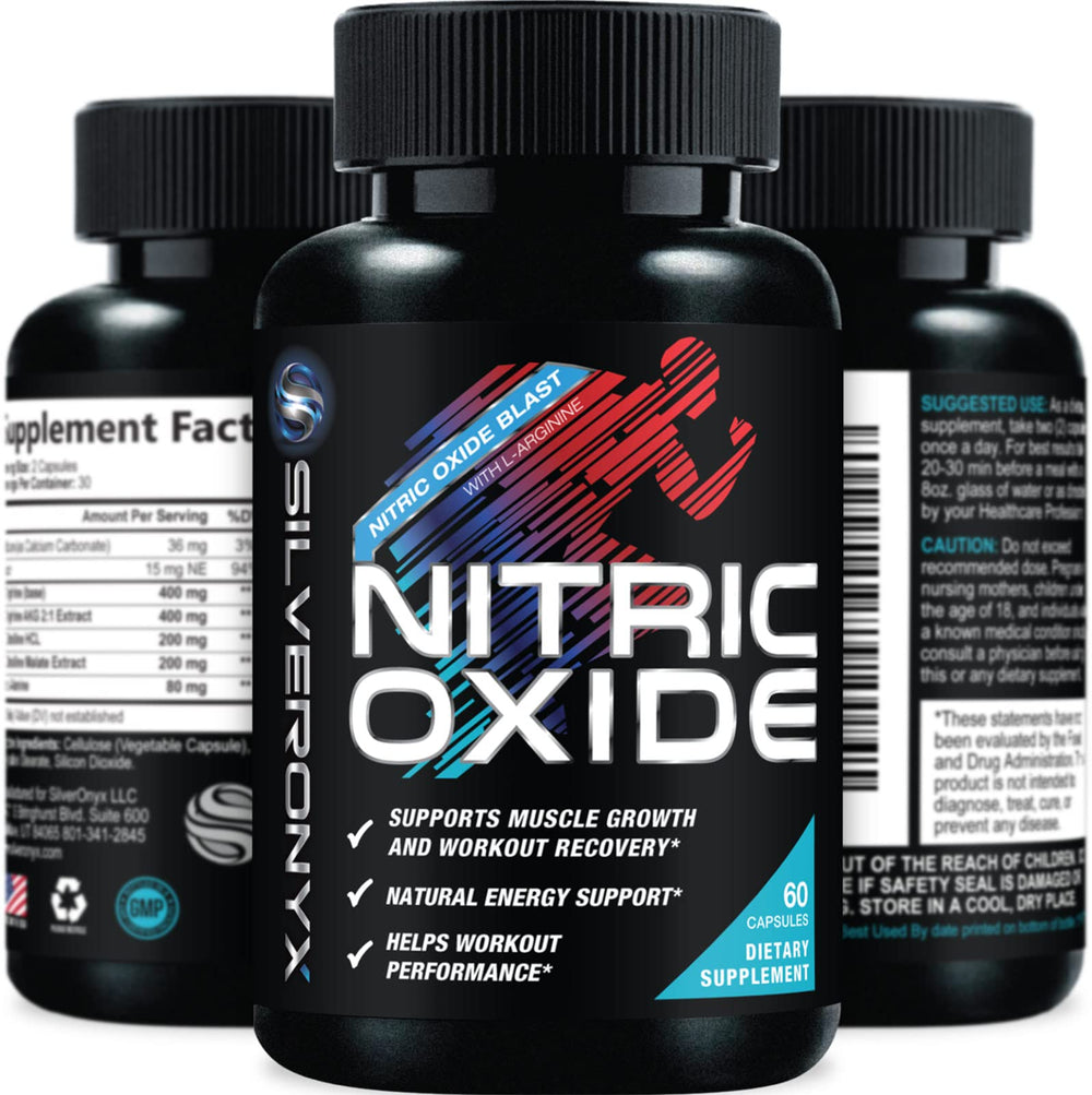 SilverOnyx nitric oxide bottle pour showing premium formula for potentially sustained workout energy