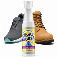 SilverWorks! bottle of shoe deodorizer spray delivering a fine mist to neutralize odors.