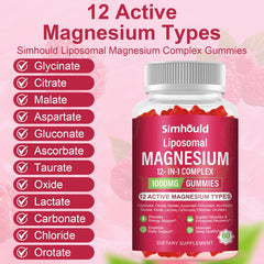 Simhould magnesium gummies ingredients label highlighting diverse forms and vitamins.