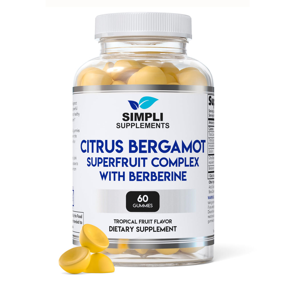 Simpli Supplements Citrus Bergamot Gummies bottle on a clean background may support healthy cholesterol levels.