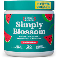 Simply Blossom Watermelon Greens powder tub for daily nutrition.