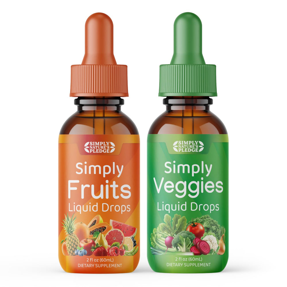 Simply Nature's Pledge liquid drops with fruits and vegetables for daily nutrition support.