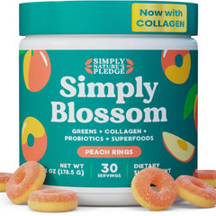 Simply Blossom Greens powder tub for a convenient 30-day nutrient boost.