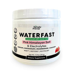 Simply Primal Waterfast strawberry watermelon powder dissolves easily for fasting hydration.