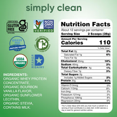 Simply Teras Organic Whey Vanilla bag scene highlighting grass-fed, Non-GMO sourcing.