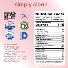 Close-up of Simply tera's whey powder with natural cocoa and stevia flavor.