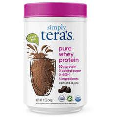Simply tera's Pure Whey Dark Chocolate tub front highlights clean protein nutrition.