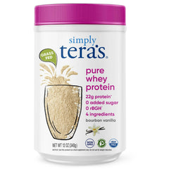 Simply Teras Pure Whey Vanilla tub front highlights clean ingredients and protein power