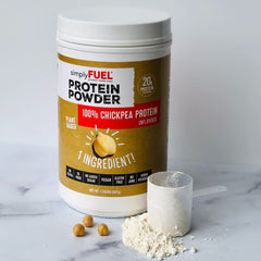 simplyFUEL chickpea protein powder scoop on a countertop, easy portion for shakes