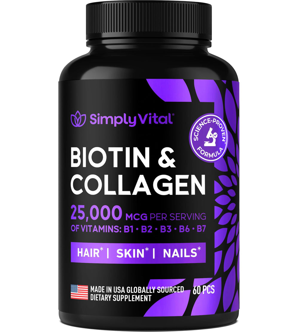 SimplyVital Biotin and Collagen bottle supports hair, skin, and nails.