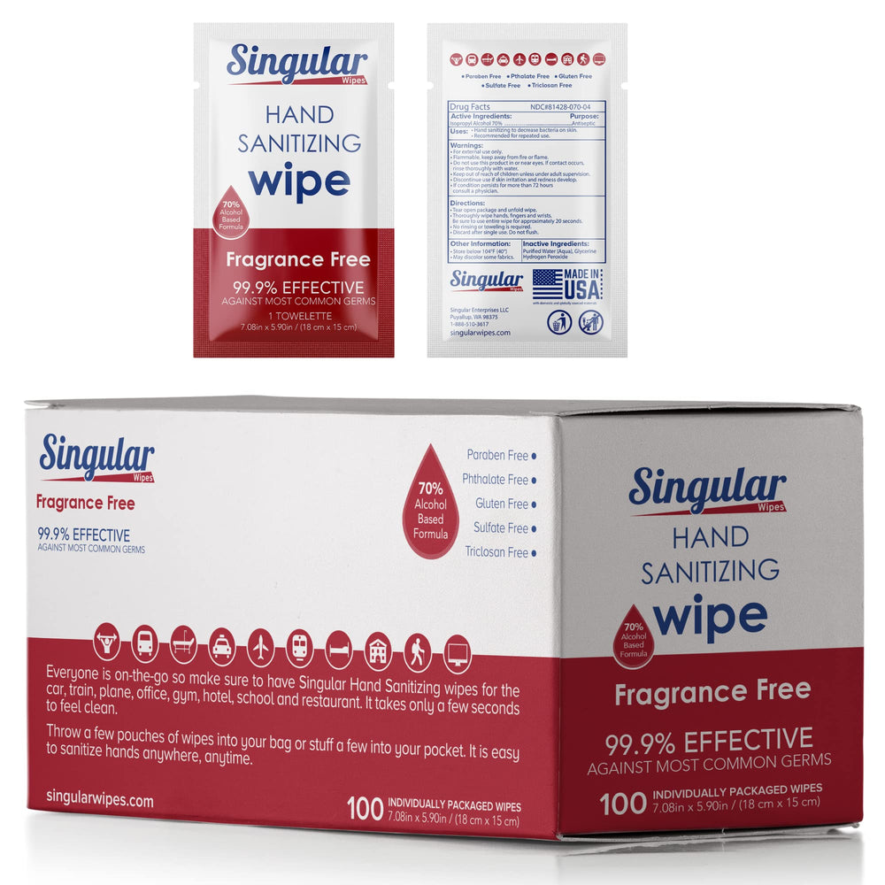 Singular Wipes travel-size hand sanitizing wipes in a 100-count pack for on-the-go cleaning.