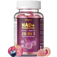 Sizyok NAD Resveratrol Gummies bottle showing label and sugar-free design for daily antioxidant support