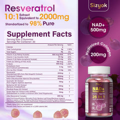 Sizyok NAD Resveratrol Gummies serving layout suggesting easy daily intake and energy focus