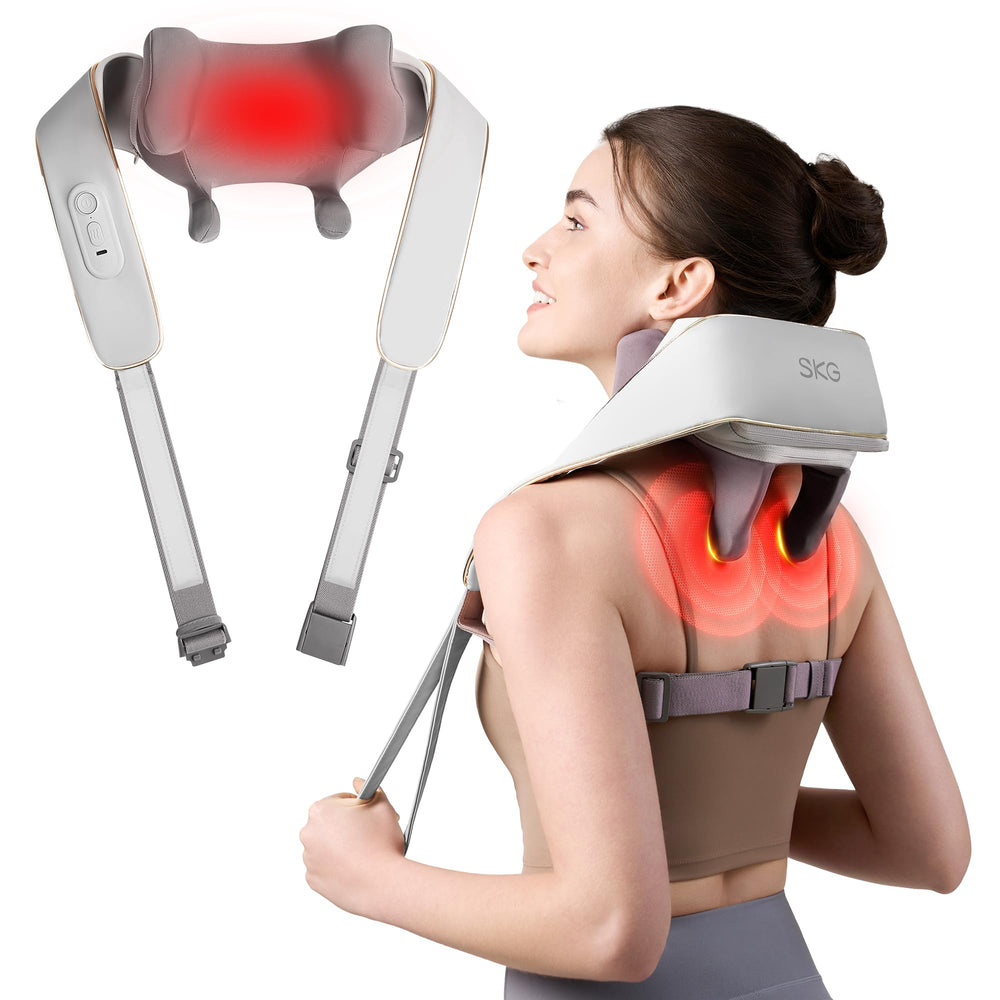 SKG H5 mini neck massager shows portable relief for tense shoulders.