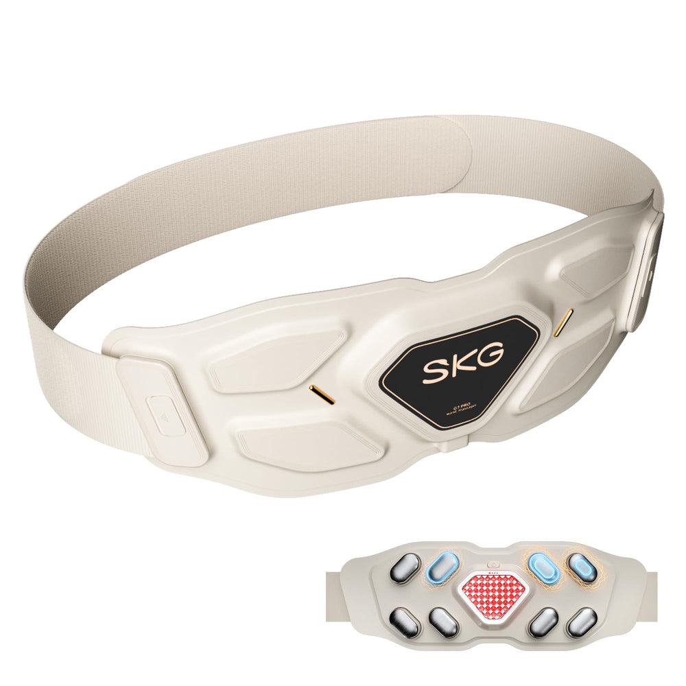 SKG lower back massager front view showing compact design for at-home relief.