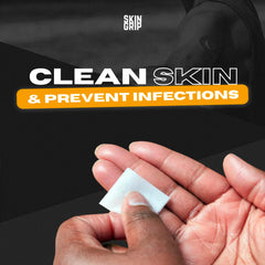 Skin Grip 70% isopropyl alcohol wipe cleans skin before injections.