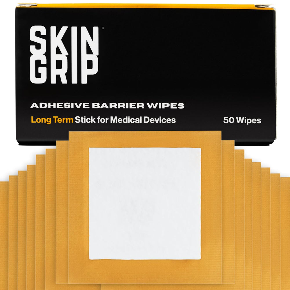 Skin Grip adhesive barrier wipes 50-pack in package for secure adhesion.
