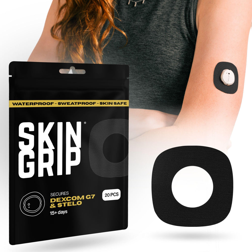 Skin Grip adhesive patches applied to a Dexcom G7 sensor for secure wear