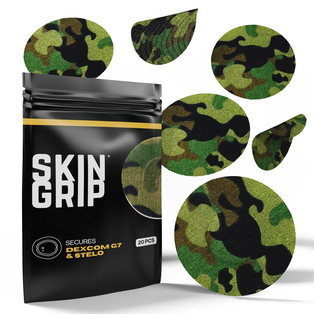 Skin Grip camo patch on skin secures the Dexcom G7 for extended wear.