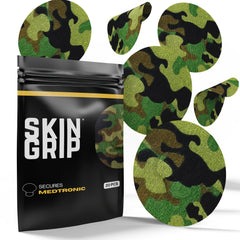 Skin Grip CGM patch on arm wearing camouflage for secure, discreet wear.