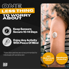 Skin Grip patch is latex-free, Dexcom G7 compatible, skin-friendly protection.