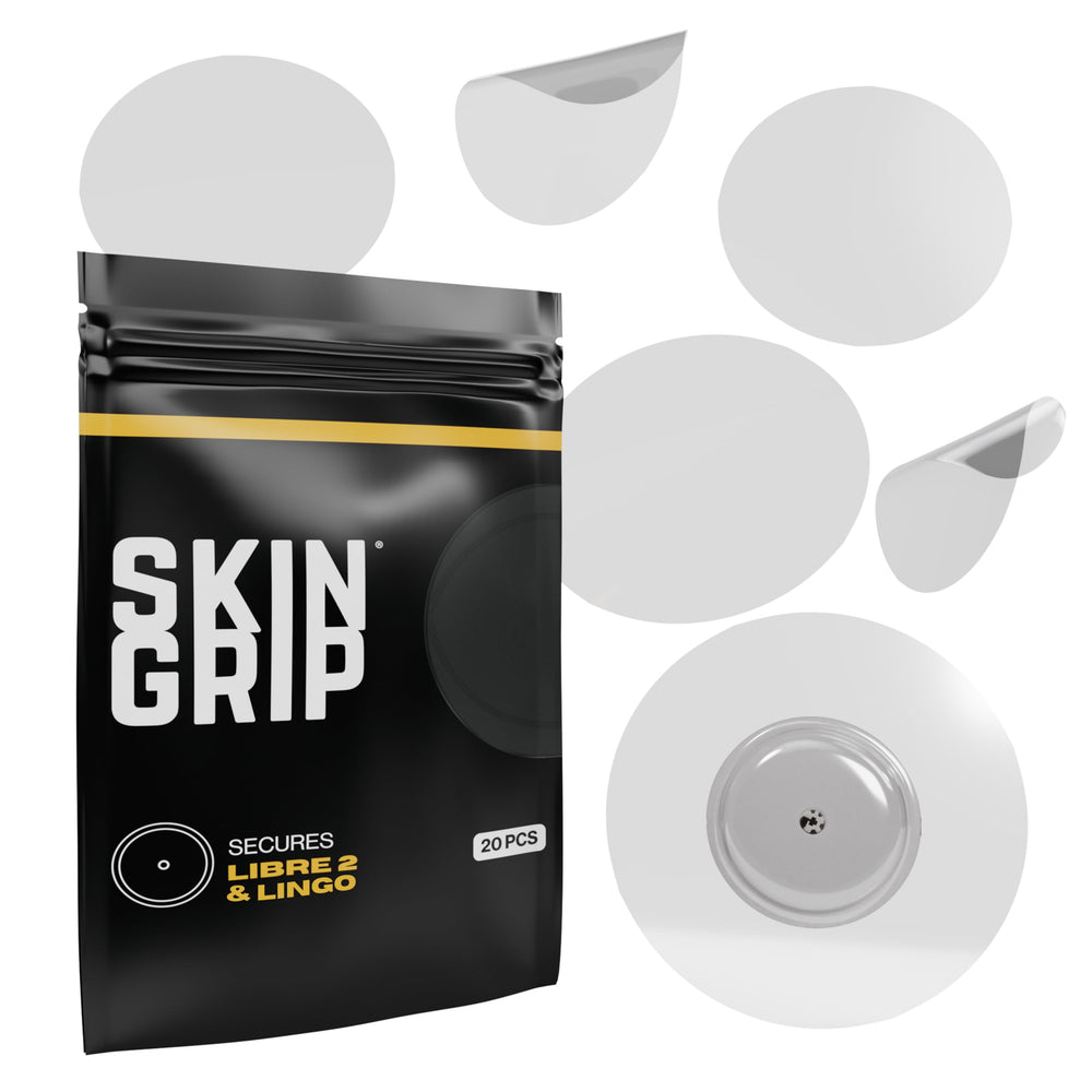 Skin Grip sensor cover packaging highlights durable adhesion for CGM devices.