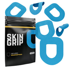 Skin Grip Insulet patch blue close-up shows secure attachment for all-day wear.